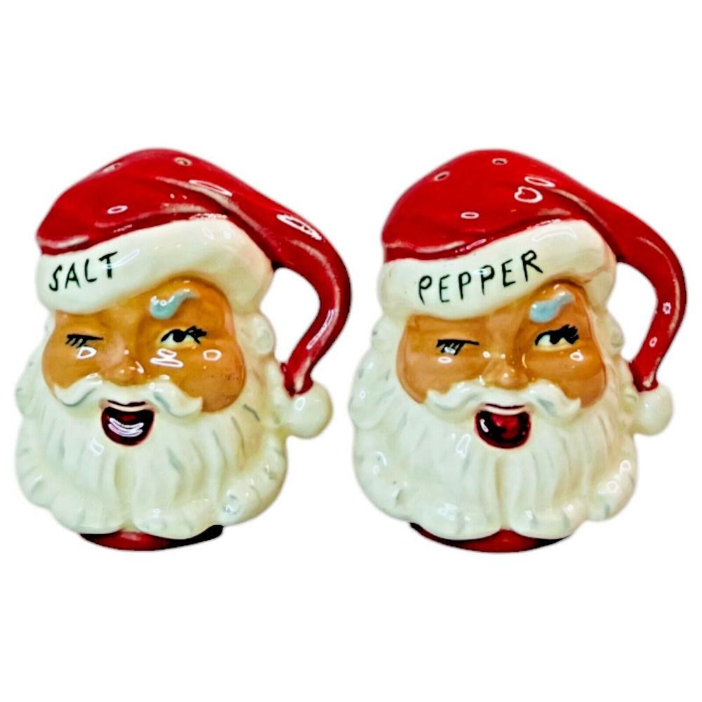Vintage Jamar Mallory Winking Santa Head Salt & Pepper Shakers Rare MCM No Plugs
